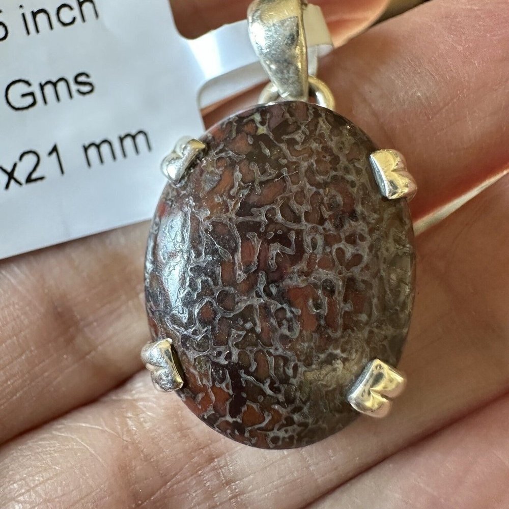 Artisan Pendant 1.2 Inch Dinosaur Bone Gem Agatized Oval 925 Sterling 5.3g NWT‎
